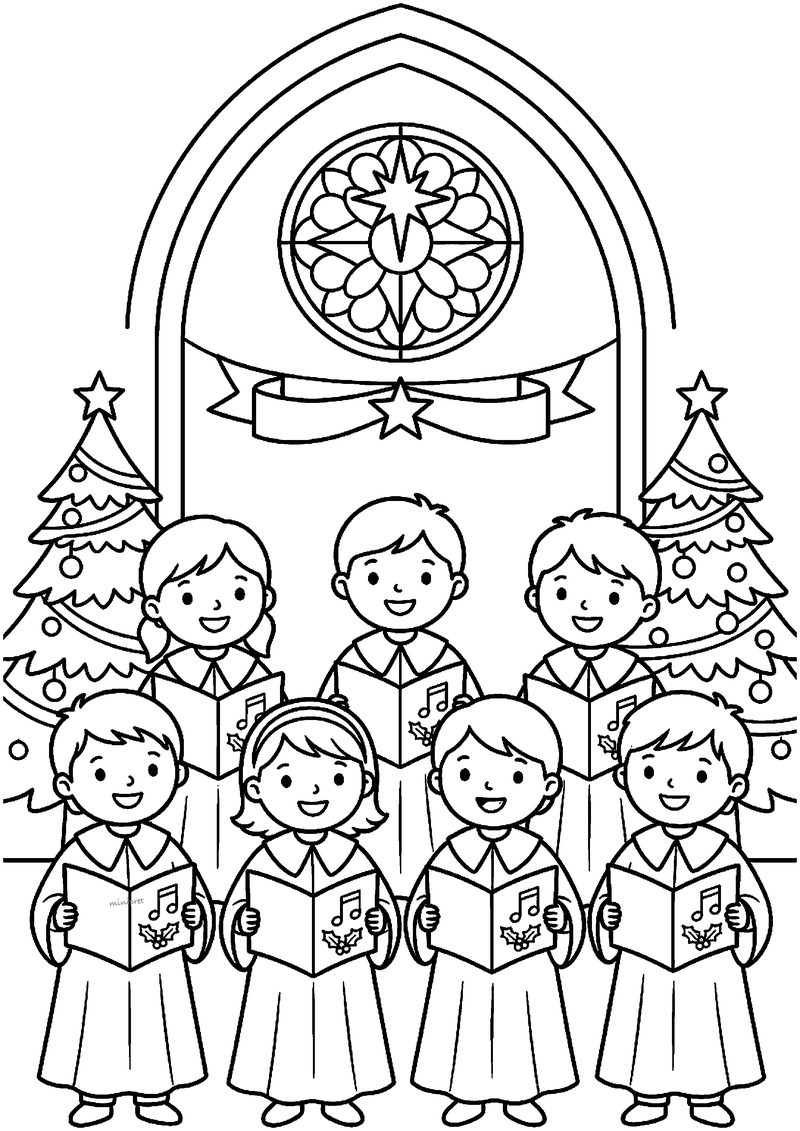Kleurplaat van zeven kinderkoorzangers met liedboekjes voor een glas-in-loodraam met ster, met twee kerstbomen.