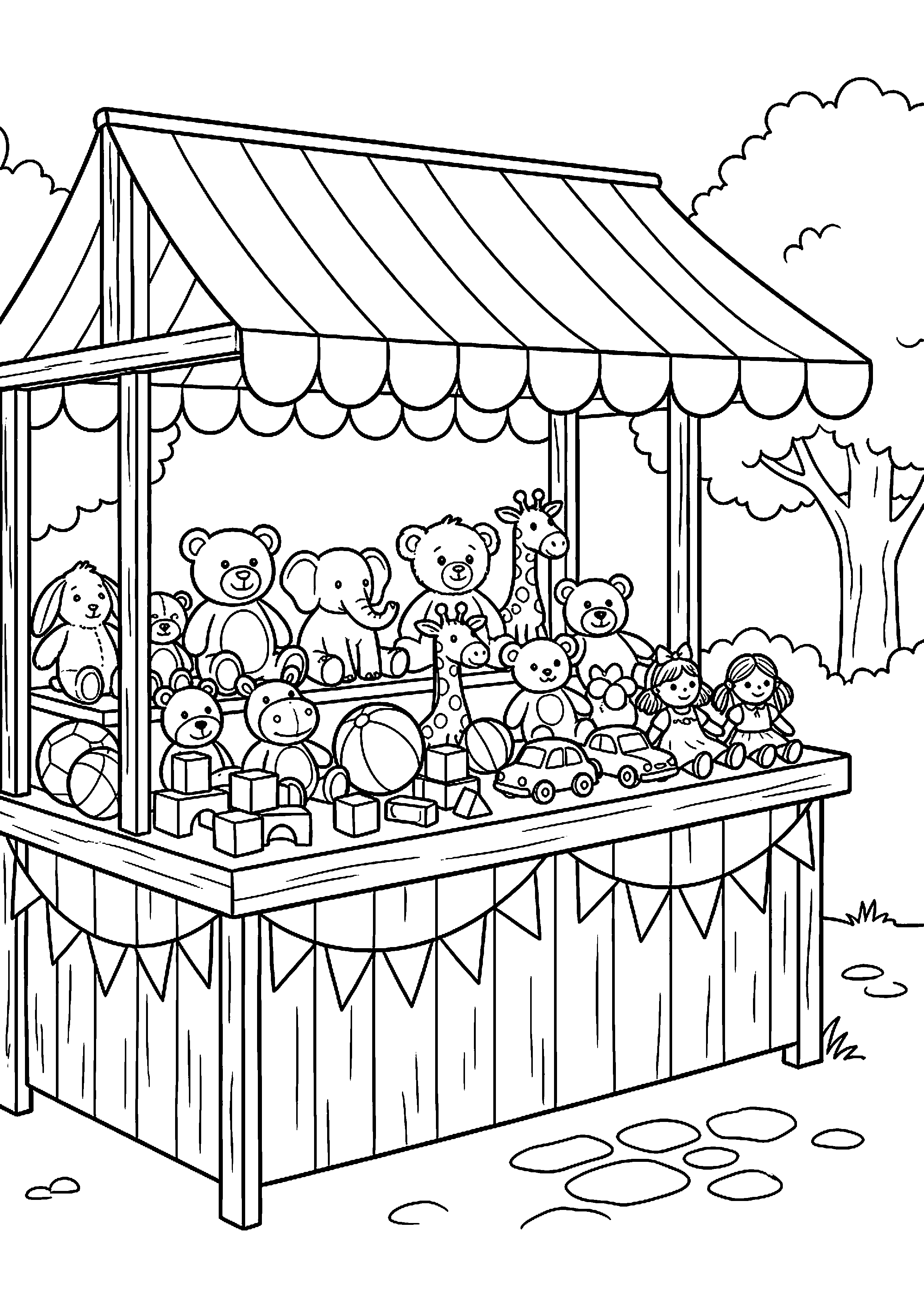 Kraam met speelgoed en knuffels kleurplaat — gratis kleurplaat
