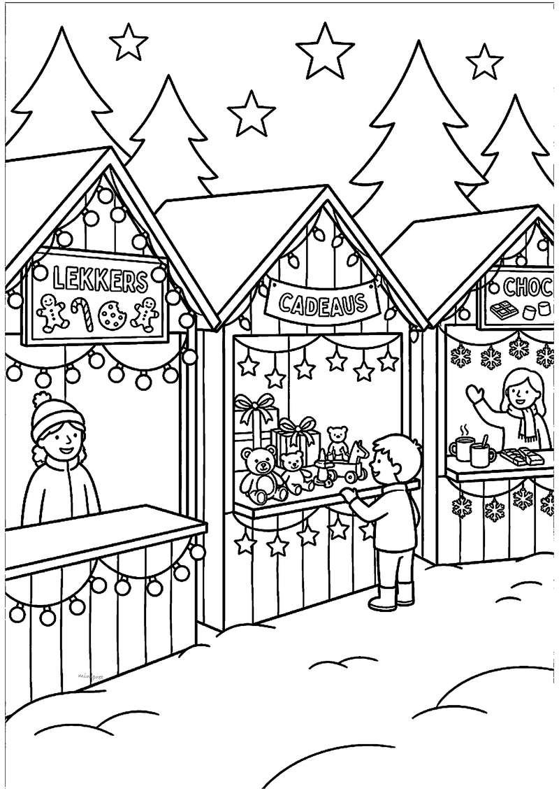 Kleurplaat van drie kerstmarktkraampjes met borden LEKKERS, CADEAUS en CHOC, lichtjes, en kind dat speelgoed bekijkt.