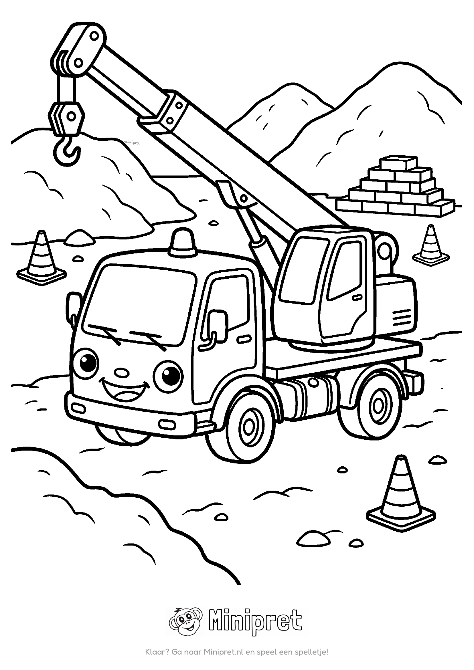 Cartoon-kraanwagen met uitgeklapte arm en haak op een bouwplaats met zandhopen, bakstenen en pylonen