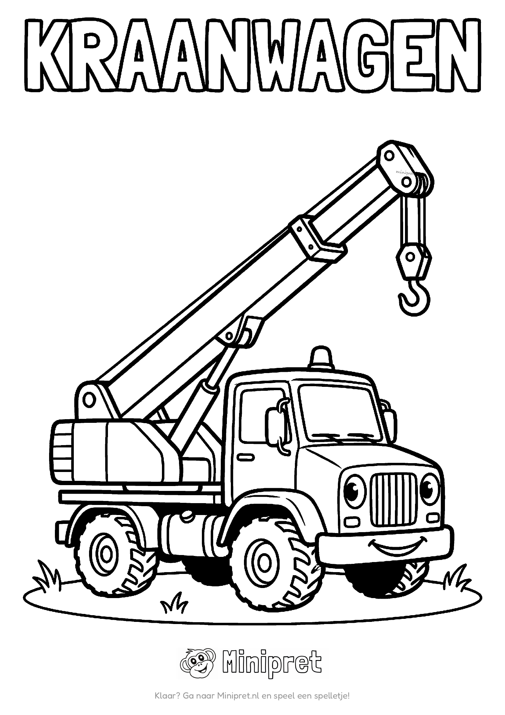Vrolijke cartoon-kraanwagen met uitgeklapte arm en haak, met het woord KRAANWAGEN in dikke letters erboven