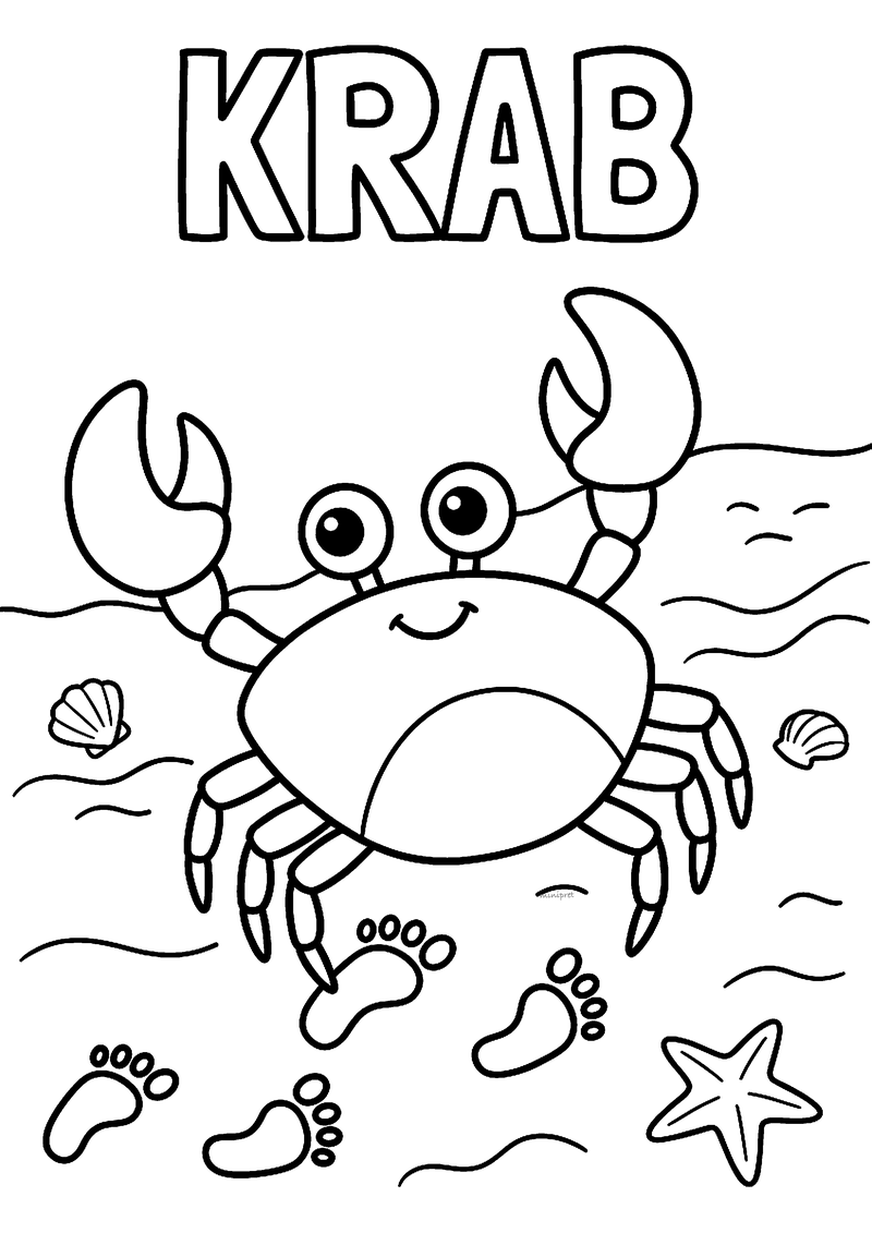 Kleurplaat van een lachende krab met opgeheven scharen op het strand tussen voetafdrukken, schelpen en een zeester