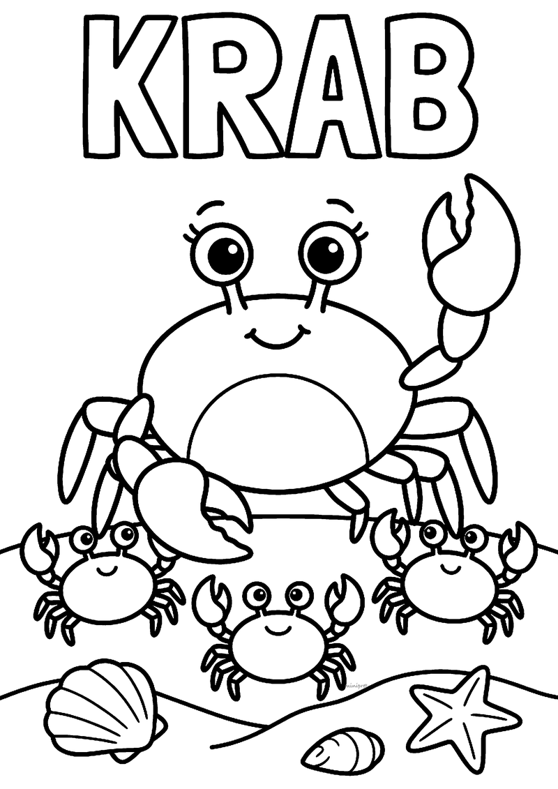 Kleurplaat van een grote krab met wimpers en drie kleine krabbetjes op het strand met schelpen en een zeester