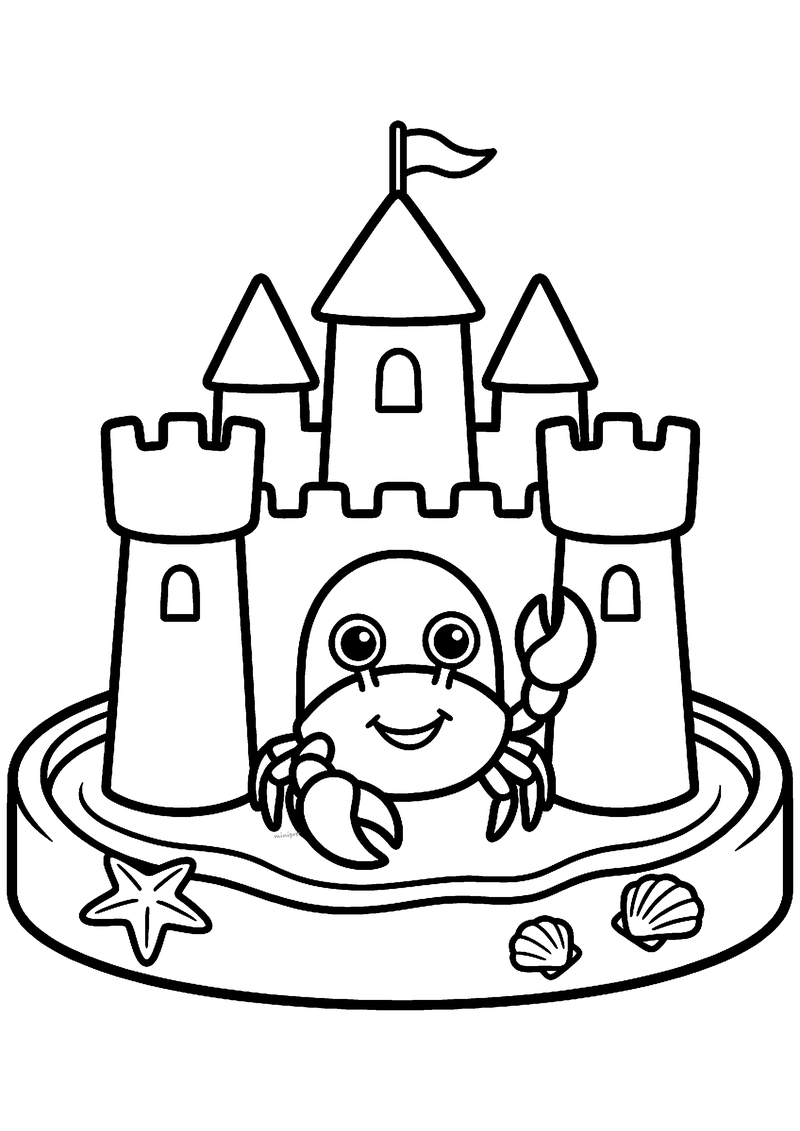 Kleurplaat van een vrolijke krab in de poort van een zandkasteel met torens, vlag, zeester en schelpen