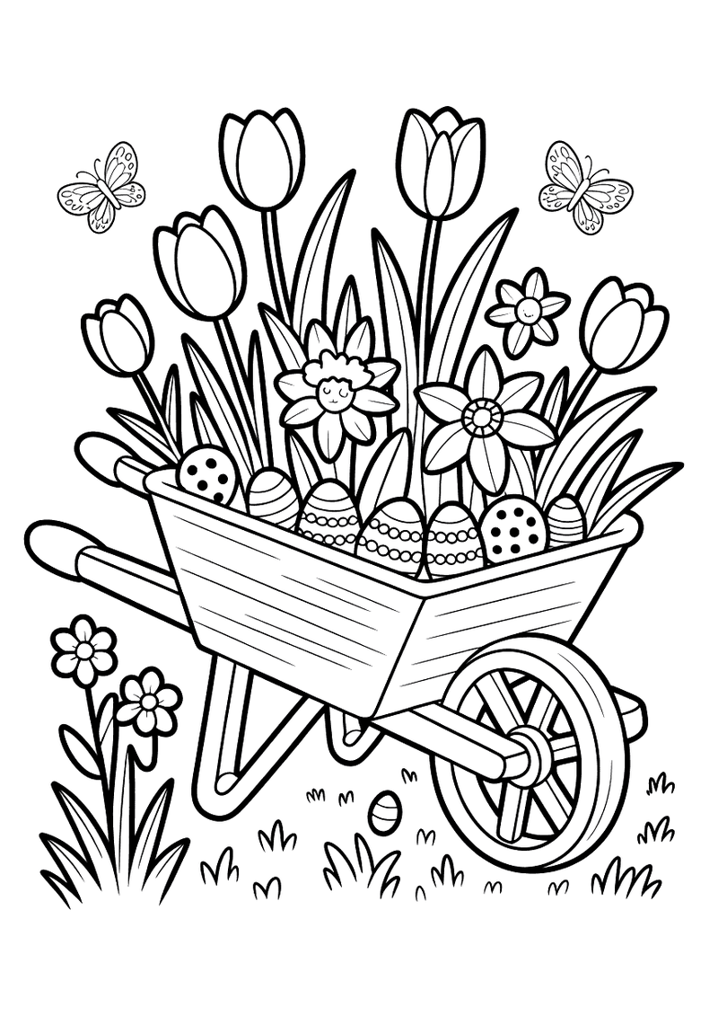 Kleurplaat van een kruiwagen gevuld met tulpen, lentebloemen en versierde paaseieren met vlinders op de achtergrond