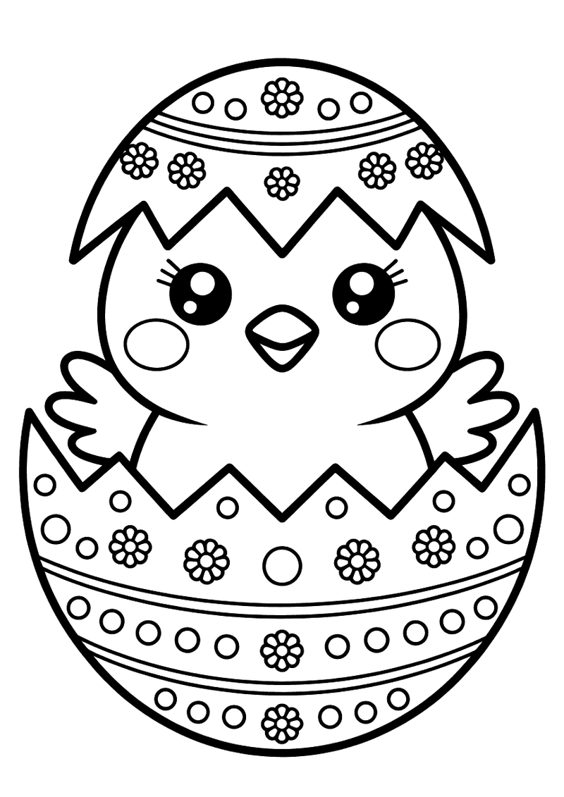 Kawaii kleurplaat van een vrolijk kuikentje dat uit een gebarsten versierd paasei met rondjes en bloemenpatronen kruipt