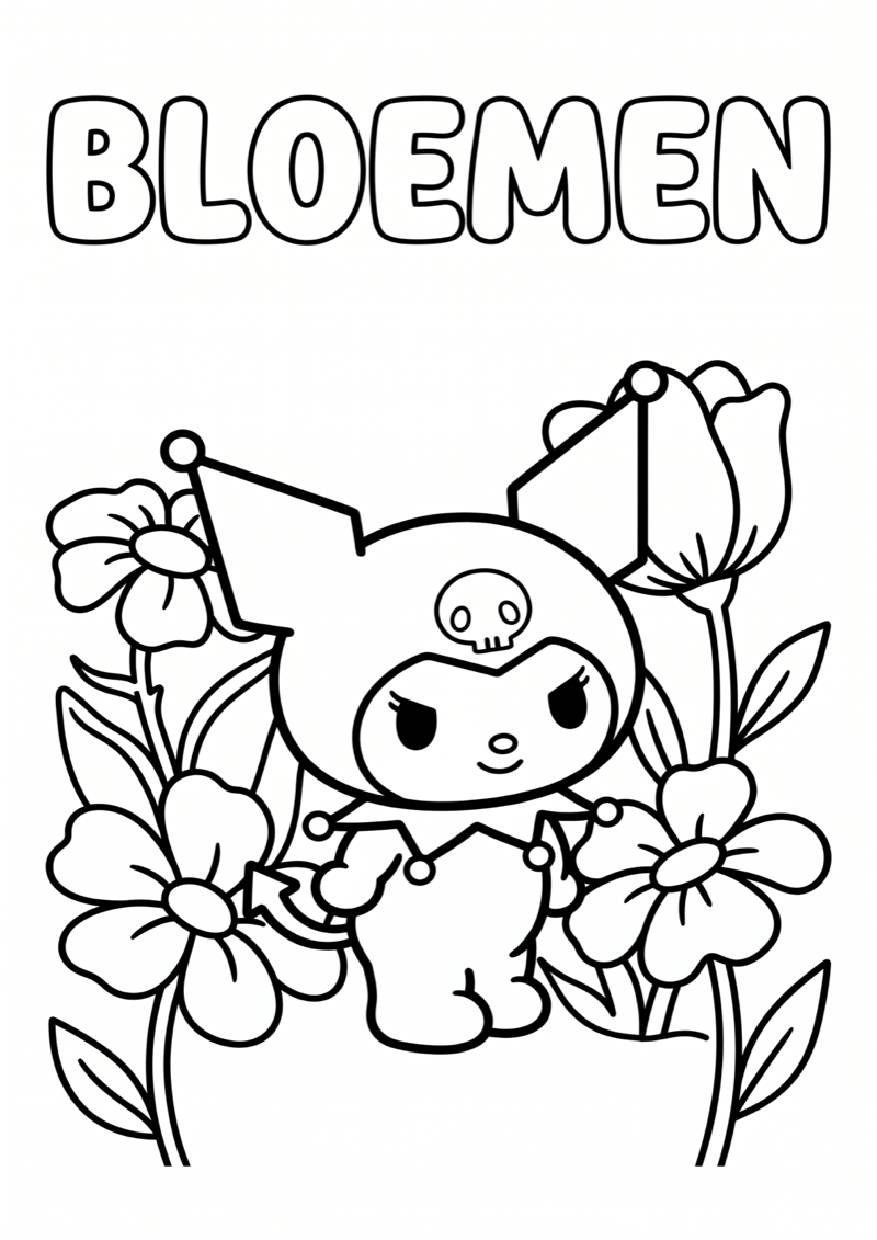 Kuromi met Bloemen Kleurplaat