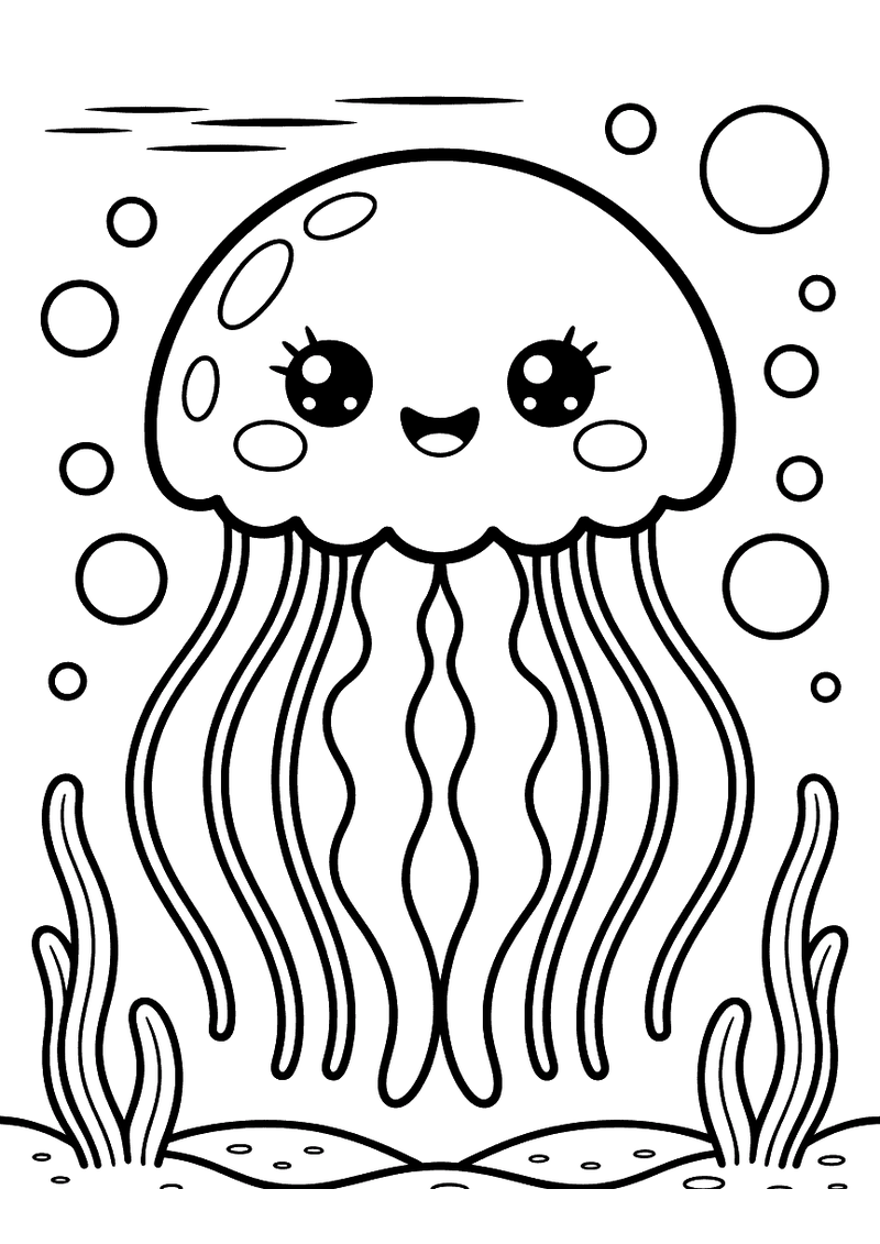 Zwart-wit kleurplaat van een lachende kawaii kwal met grote ogen en lange tentakels tussen bubbels en zeewier.