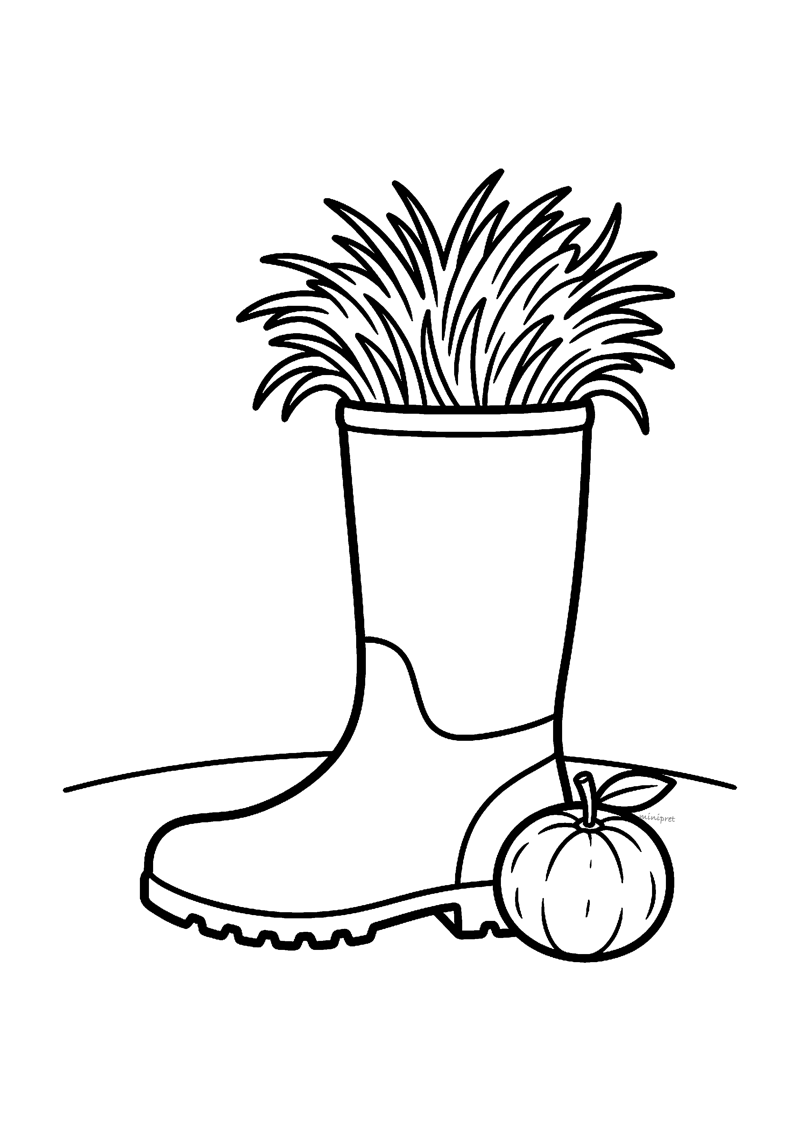 Kleurplaat van een grote rubberlaars met grasbosjes en een sinaasappel ernaast