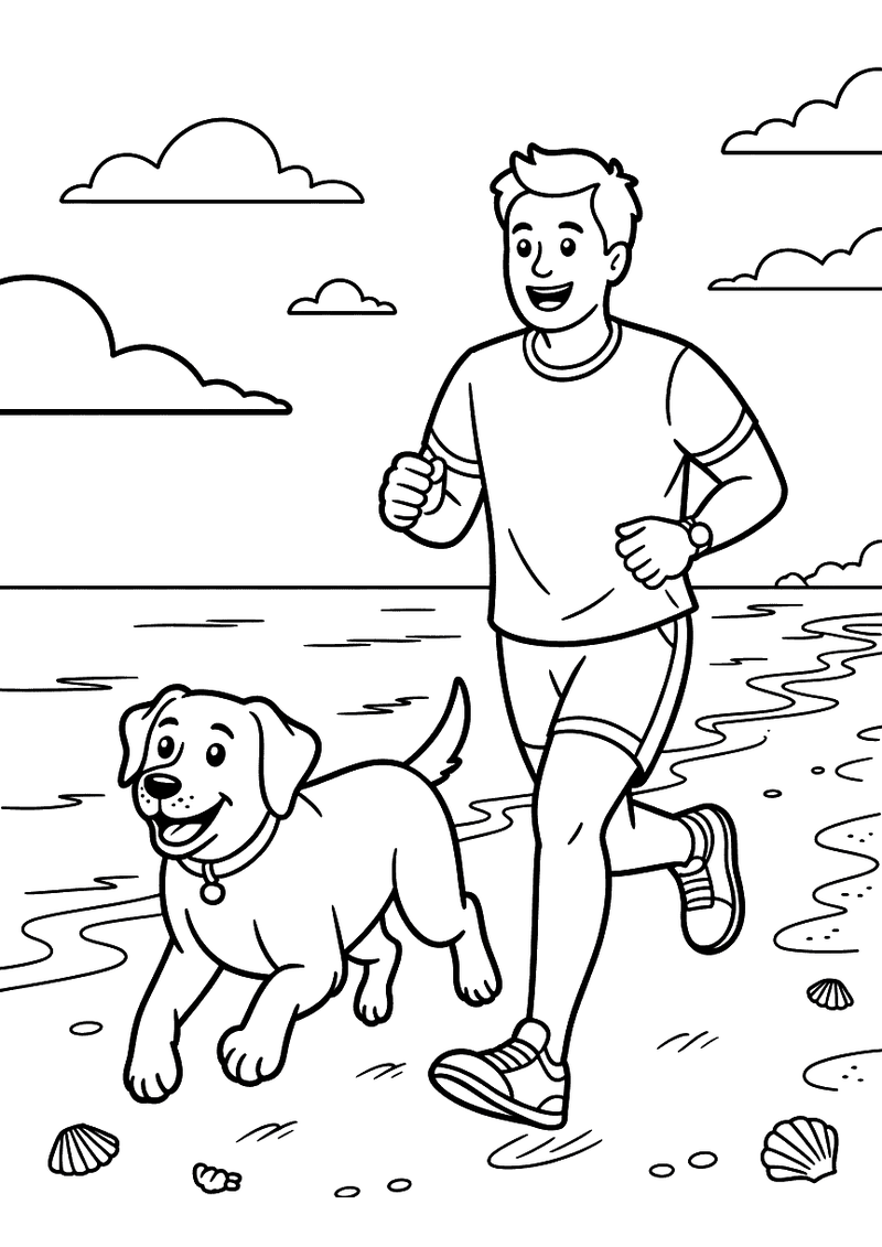 Kleurplaat van een man die jogt langs het strand terwijl een labrador naast hem rent met wolken en zee op de achtergrond
