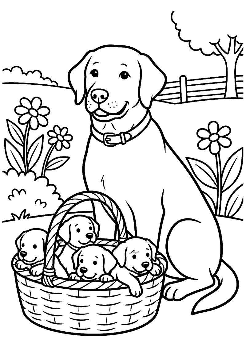 Kleurplaat van een labrador met halsband die trots naast een rieten mand met vier puppy's zit in de tuin