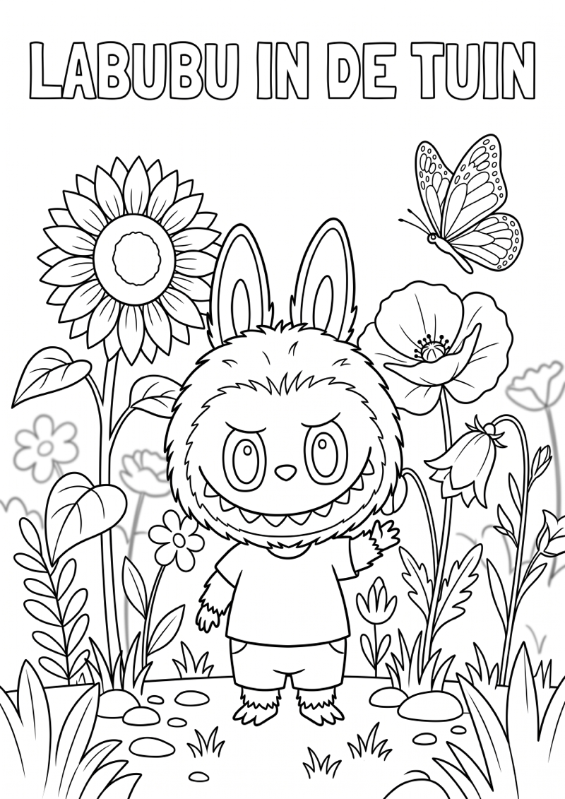 Labubu in de Tuin Kleurplaat — gratis kleurplaat printen
