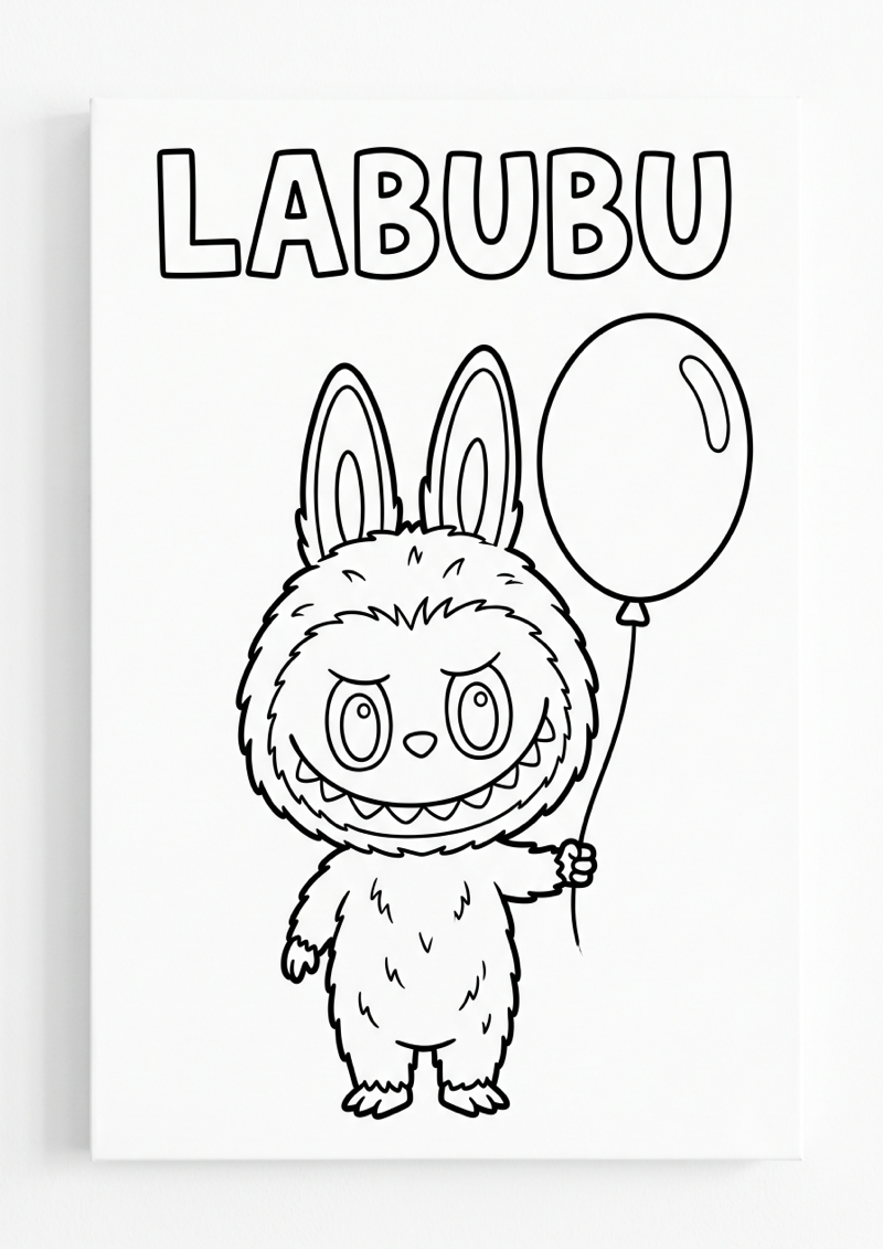 Labubu met Ballon Kleurplaat — gratis kleurplaat printen