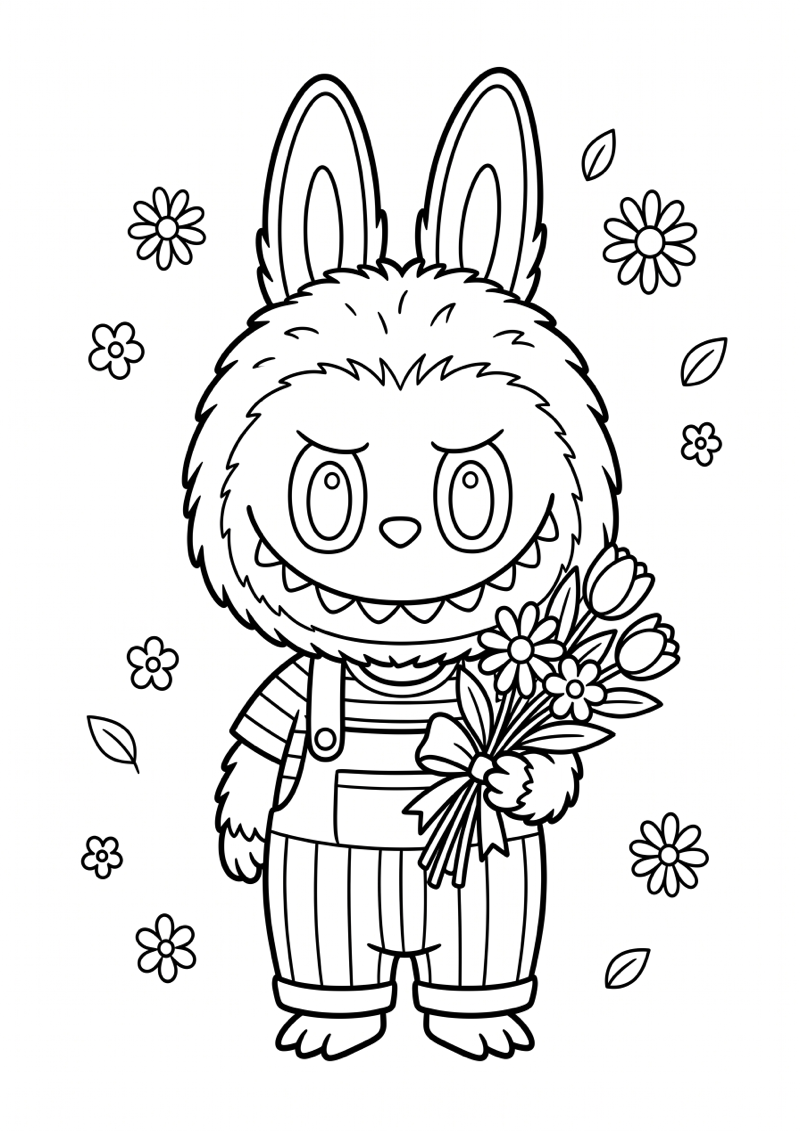 Labubu met Bloemen Kleurplaat — gratis kleurplaat printen