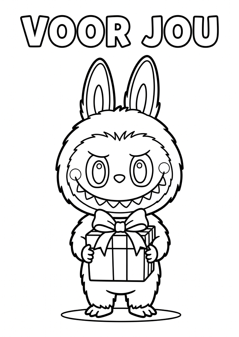 Labubu met Cadeau Kleurplaat — gratis kleurplaat printen
