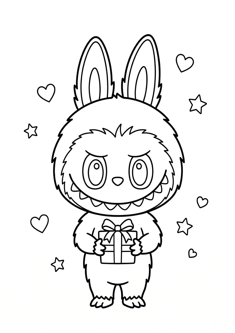 Labubu met Cadeautje Zonder Tekst Kleurplaat — gratis kleurplaat printen