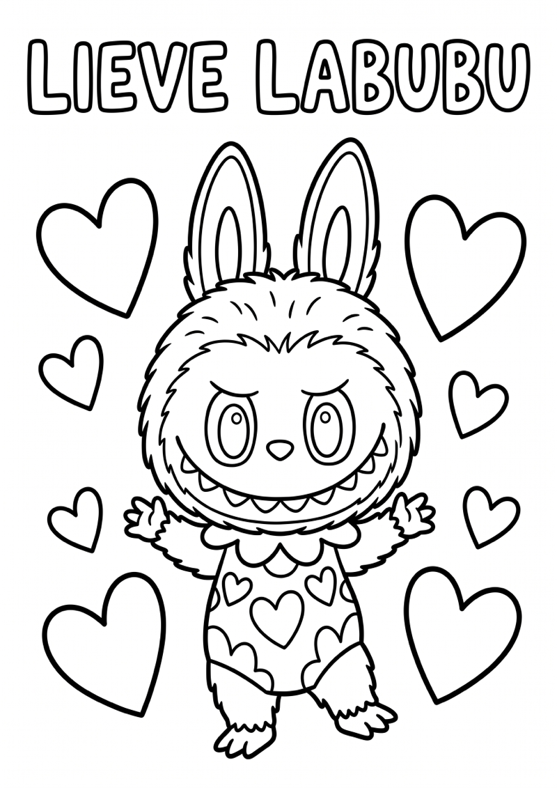 Labubu met Hartjes Kleurplaat — gratis kleurplaat printen