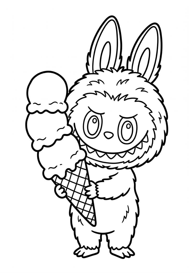 Labubu met Ijsje Zonder Tekst Kleurplaat — gratis kleurplaat printen