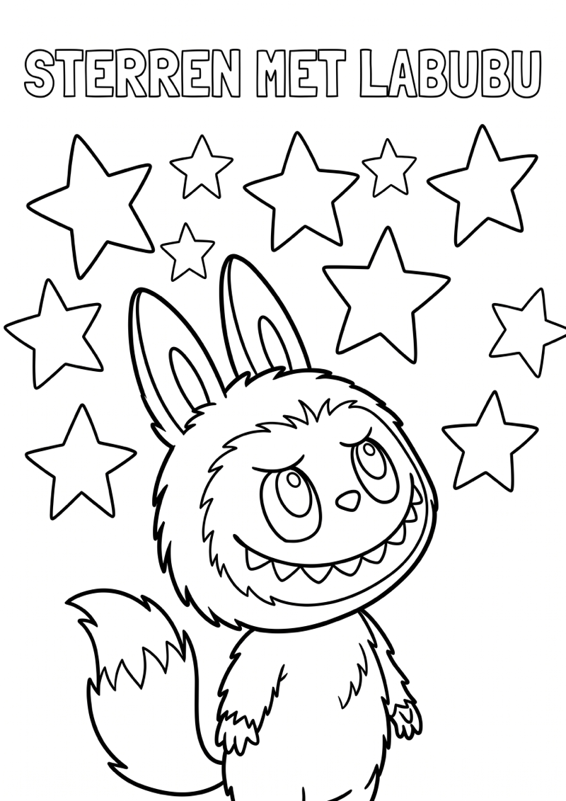 Labubu met Sterren Kleurplaat — gratis kleurplaat printen
