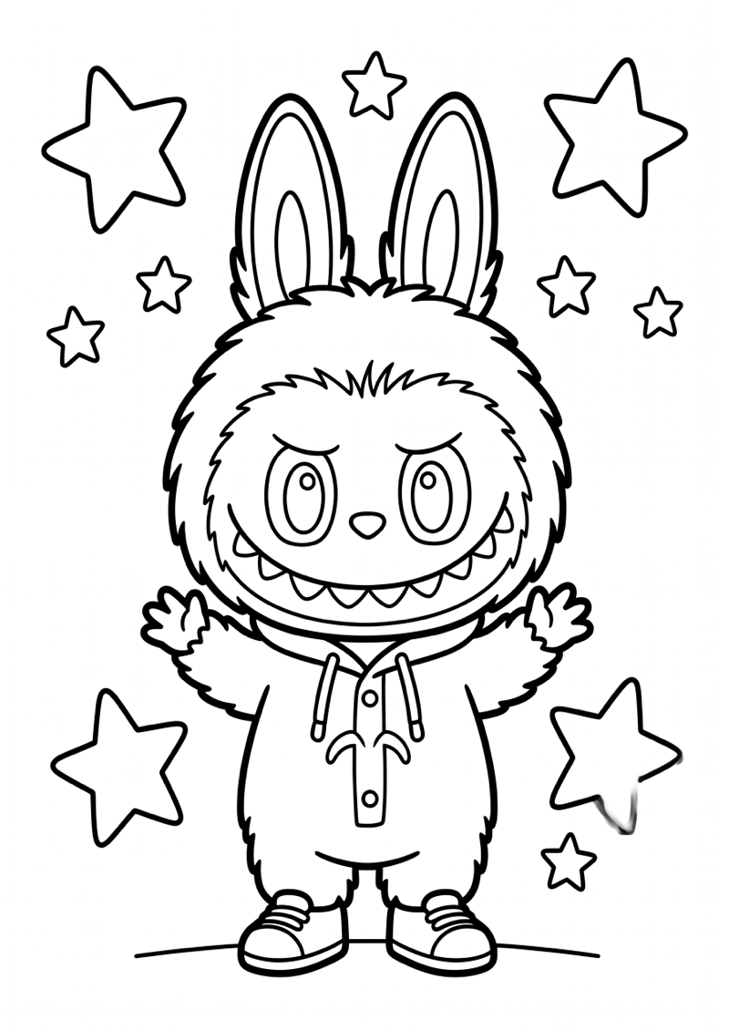 Labubu met Sterretjes Kleurplaat — gratis kleurplaat printen