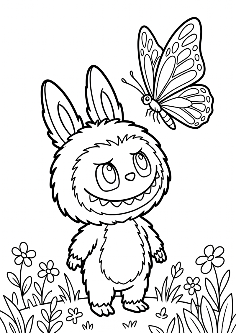 Labubu met Vlinder Kleurplaat — gratis kleurplaat printen