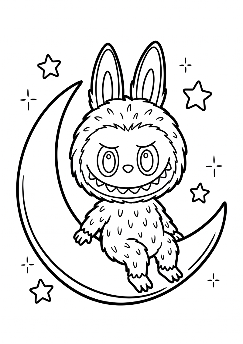 Labubu op de Maan Kleurplaat — gratis kleurplaat printen