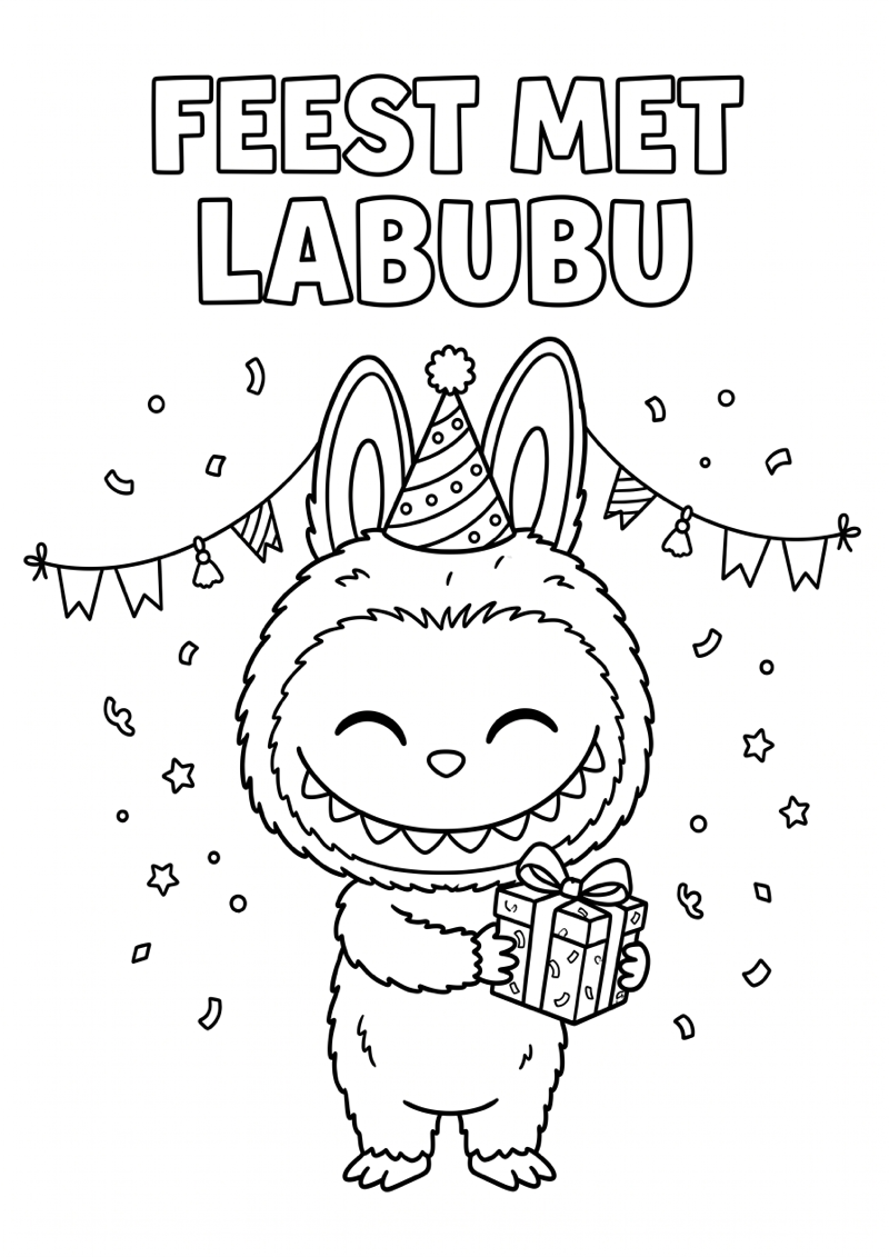 Labubu op Feest Kleurplaat — gratis kleurplaat printen