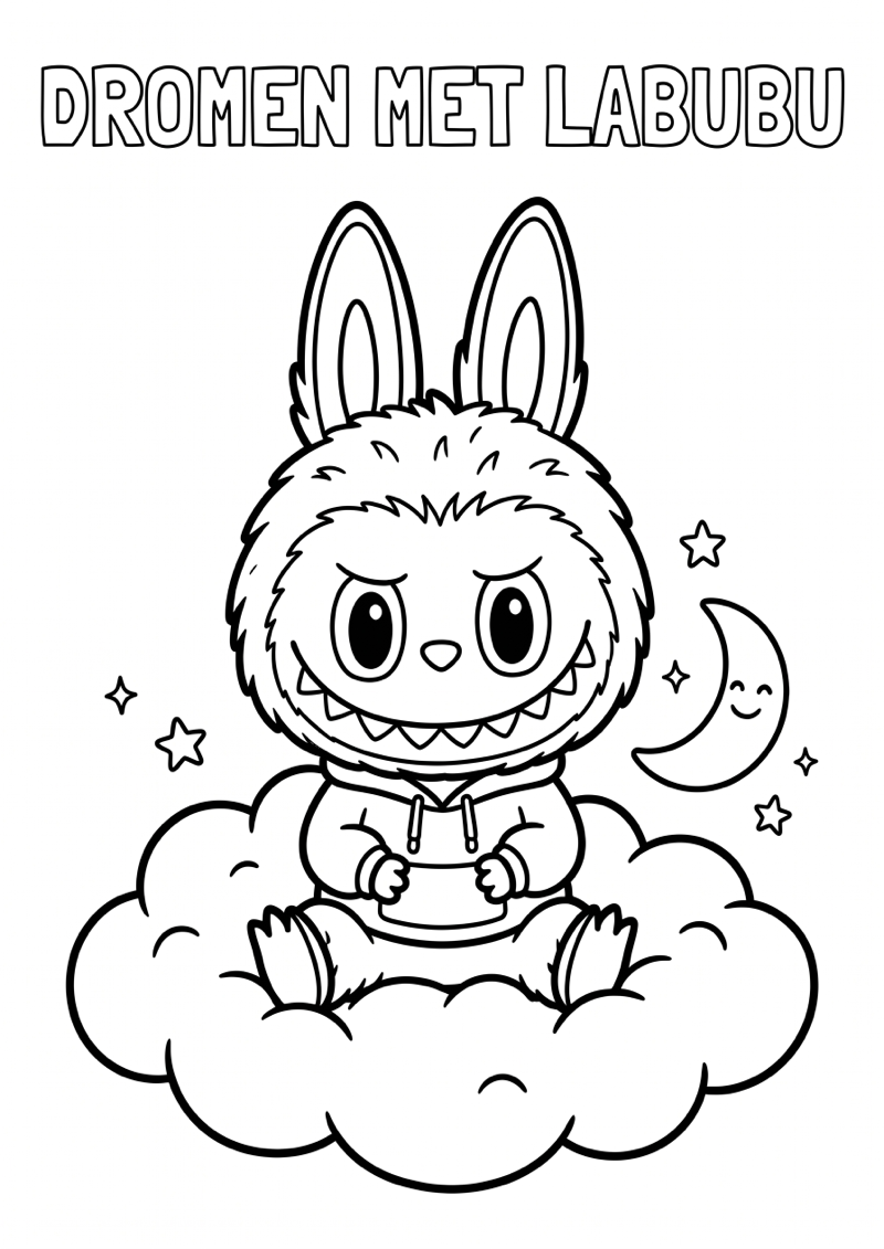 Labubu op Wolk Kleurplaat — gratis kleurplaat printen