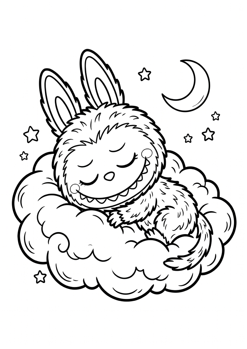 Labubu Slapend op Wolk Kleurplaat — gratis kleurplaat printen