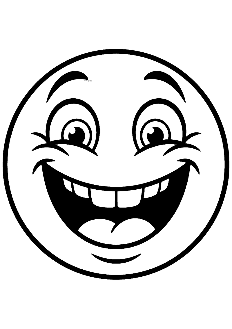 Kleurplaat van een grote emoji met wijd open ogen en een brede lach met tanden en tong