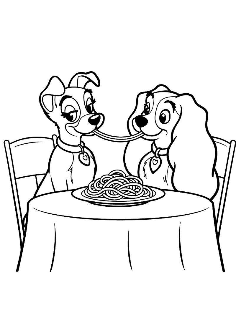 Lady en de Vagebond Spaghetti Scene Kleurplaat — gratis kleurplaat printen