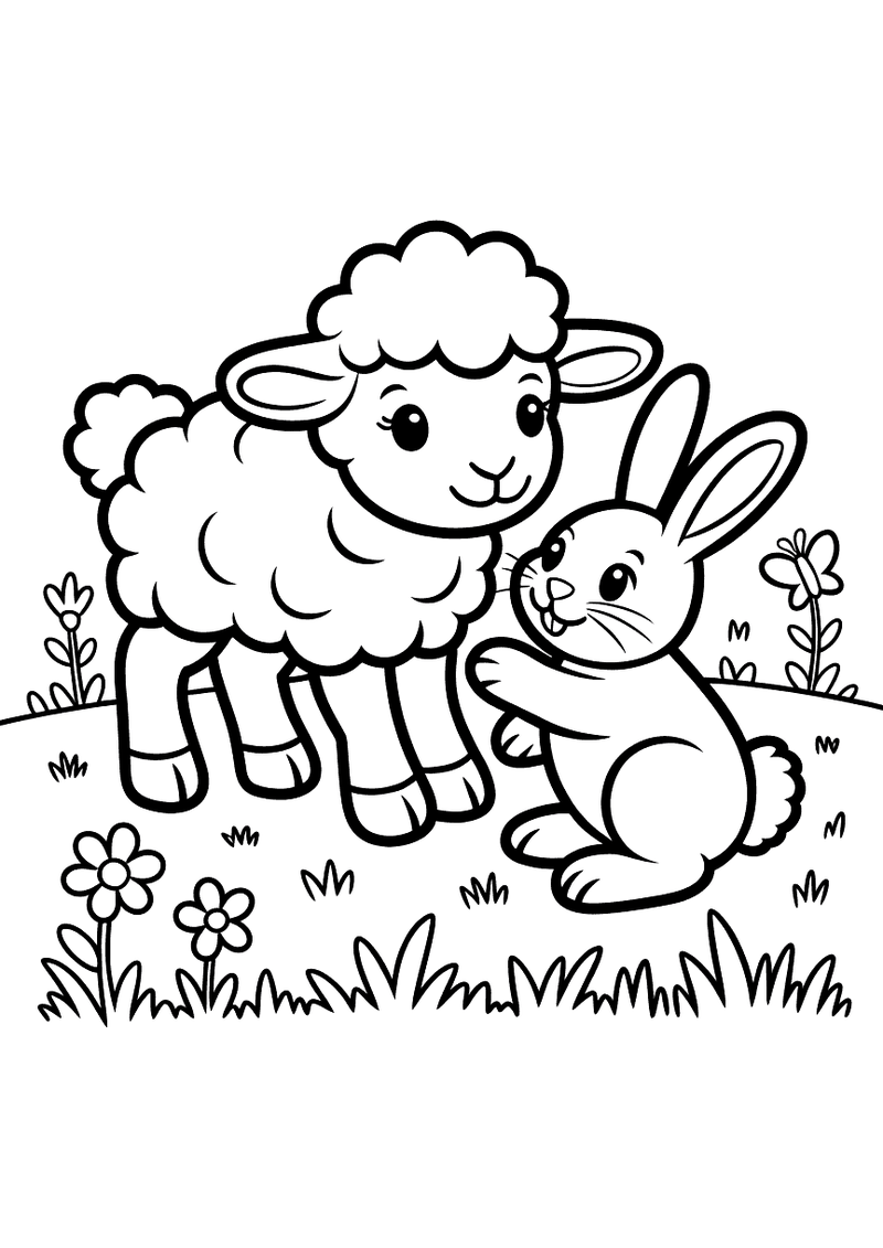 Kleurplaat van een lam en een konijn die samen staan in een lentewei met bloemen en gras rondom hen