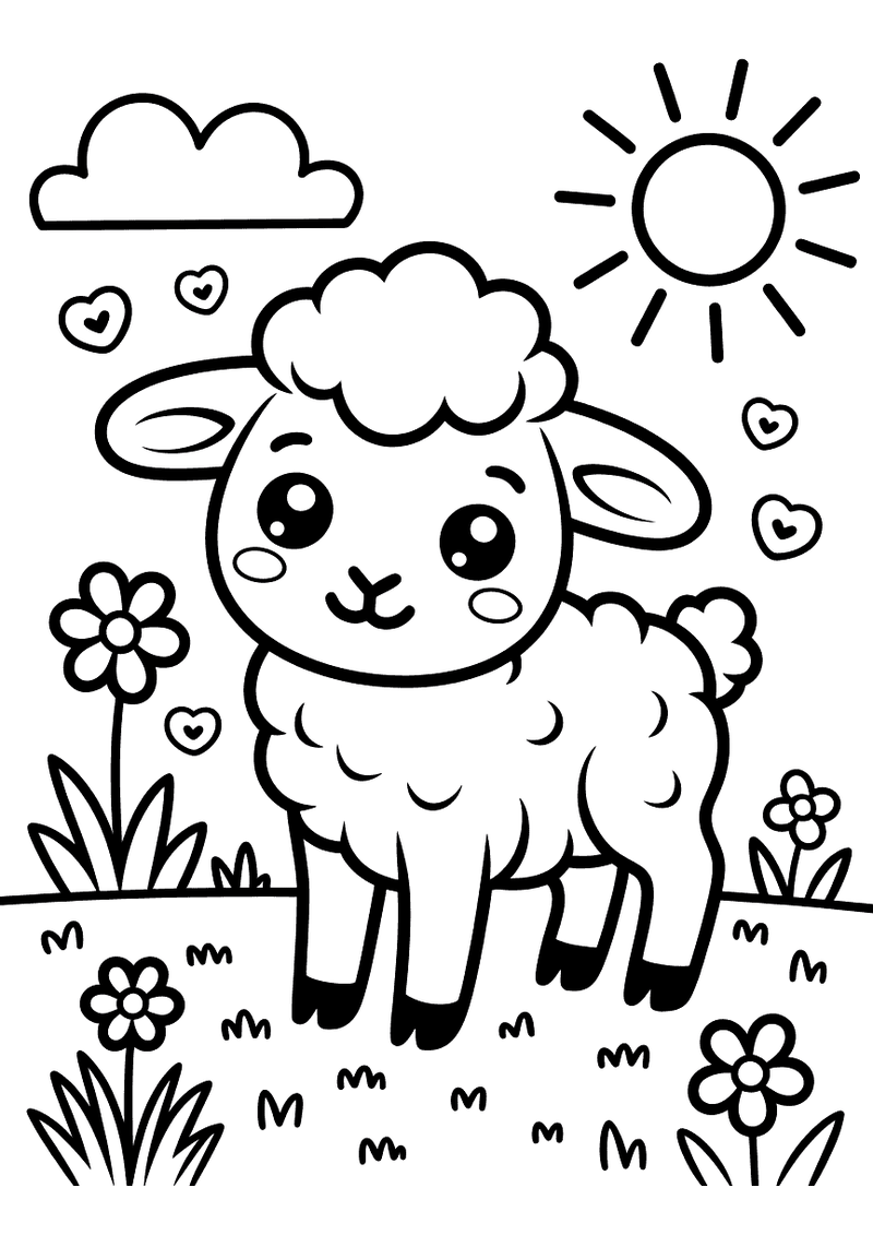 Kleurplaat van een lachend wollig lammetje in een lentewei tussen bloemen, gras en een stralende zon.
