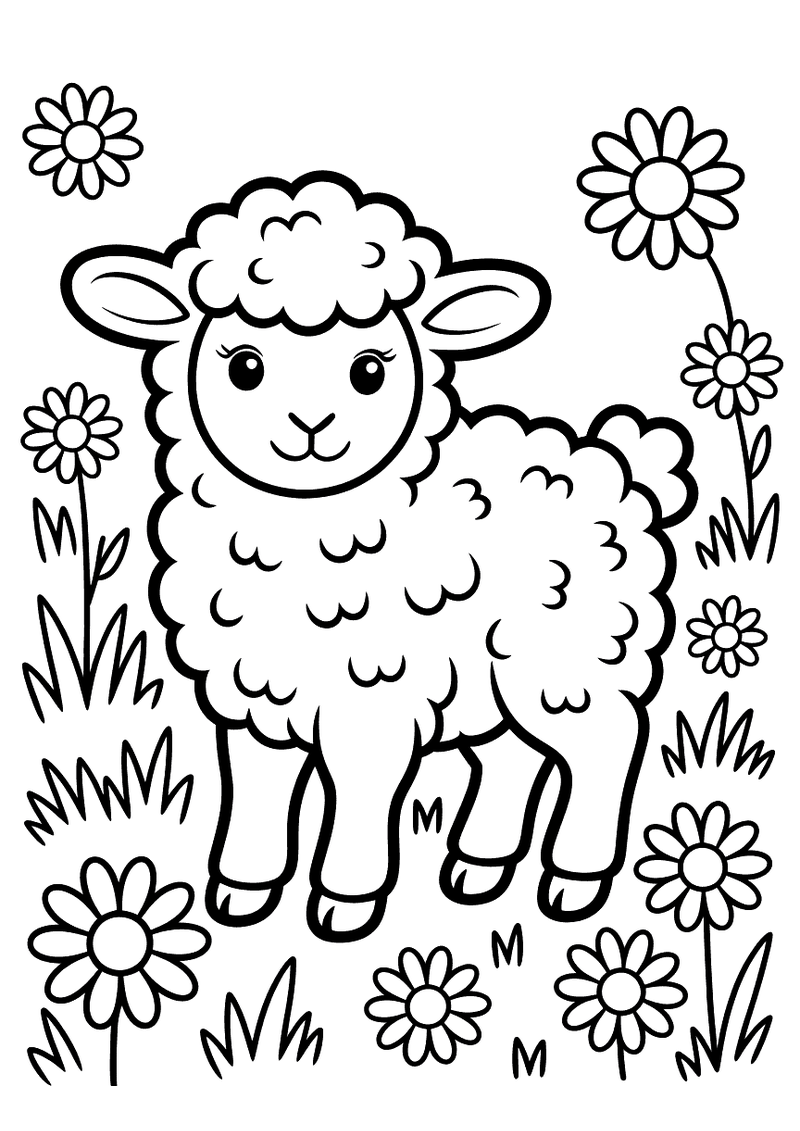 Kleurplaat van een klein lam dat in een weiland staat omringd door madeliefjes en andere lentebloemen
