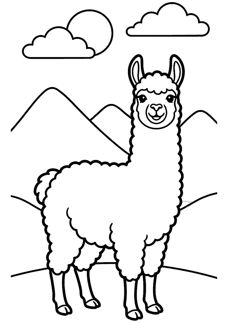 Kleurplaat van een lachende wollige lama die voor bergen staat, met zon en wolken erboven