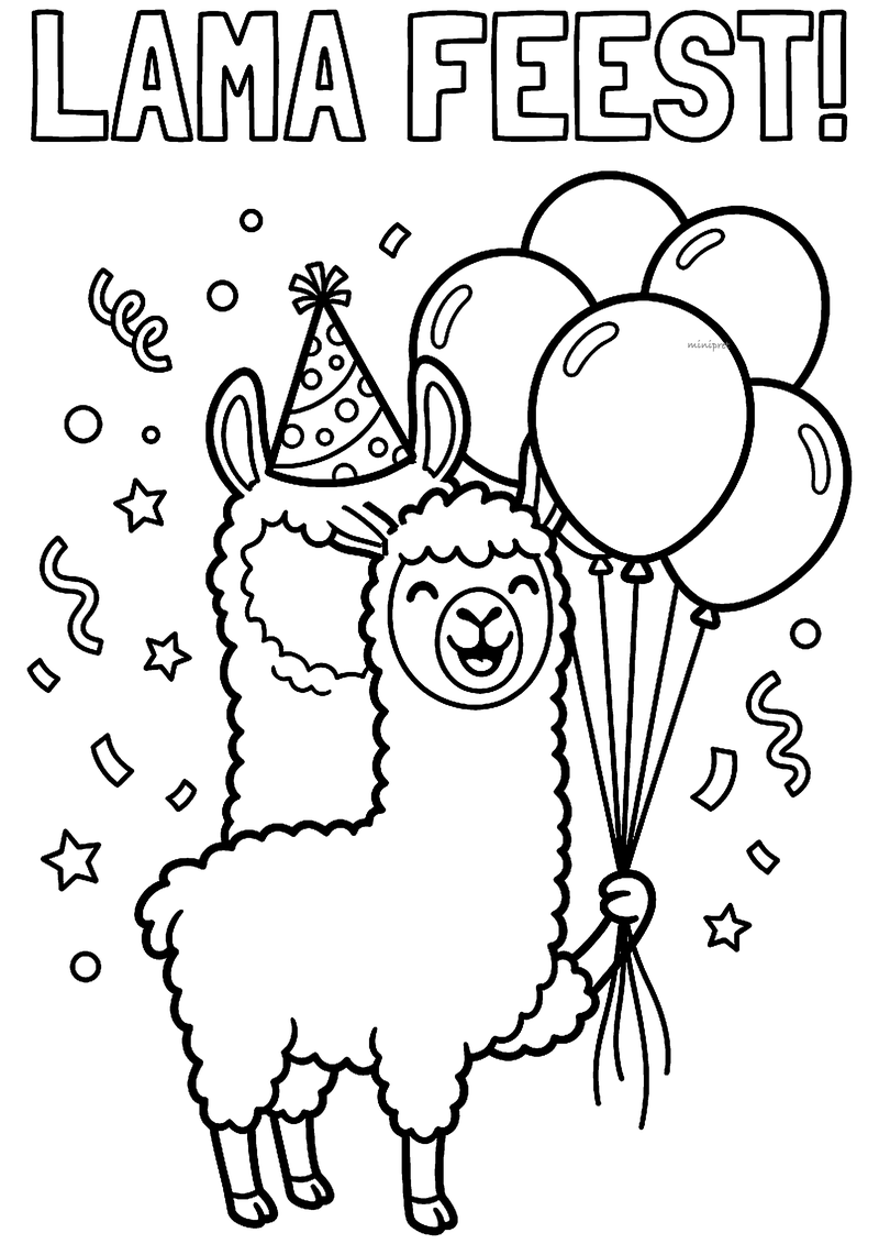 Kleurplaat van een lachende lama met feesthoedje, ballonnen en confetti