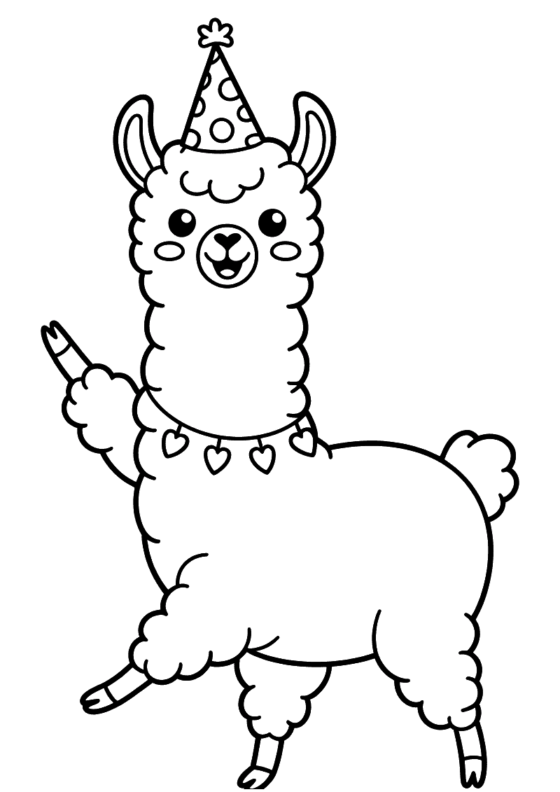 Zwart-wit kleurplaat van een wollige lama met een feestmuts op zijn kop en een ketting van hartjes om de hals.