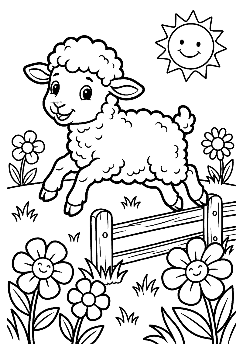 Kleurplaat van een wollig lammetje dat vrolijk over een houten hek springt tussen lachende bloemen en een blije zon