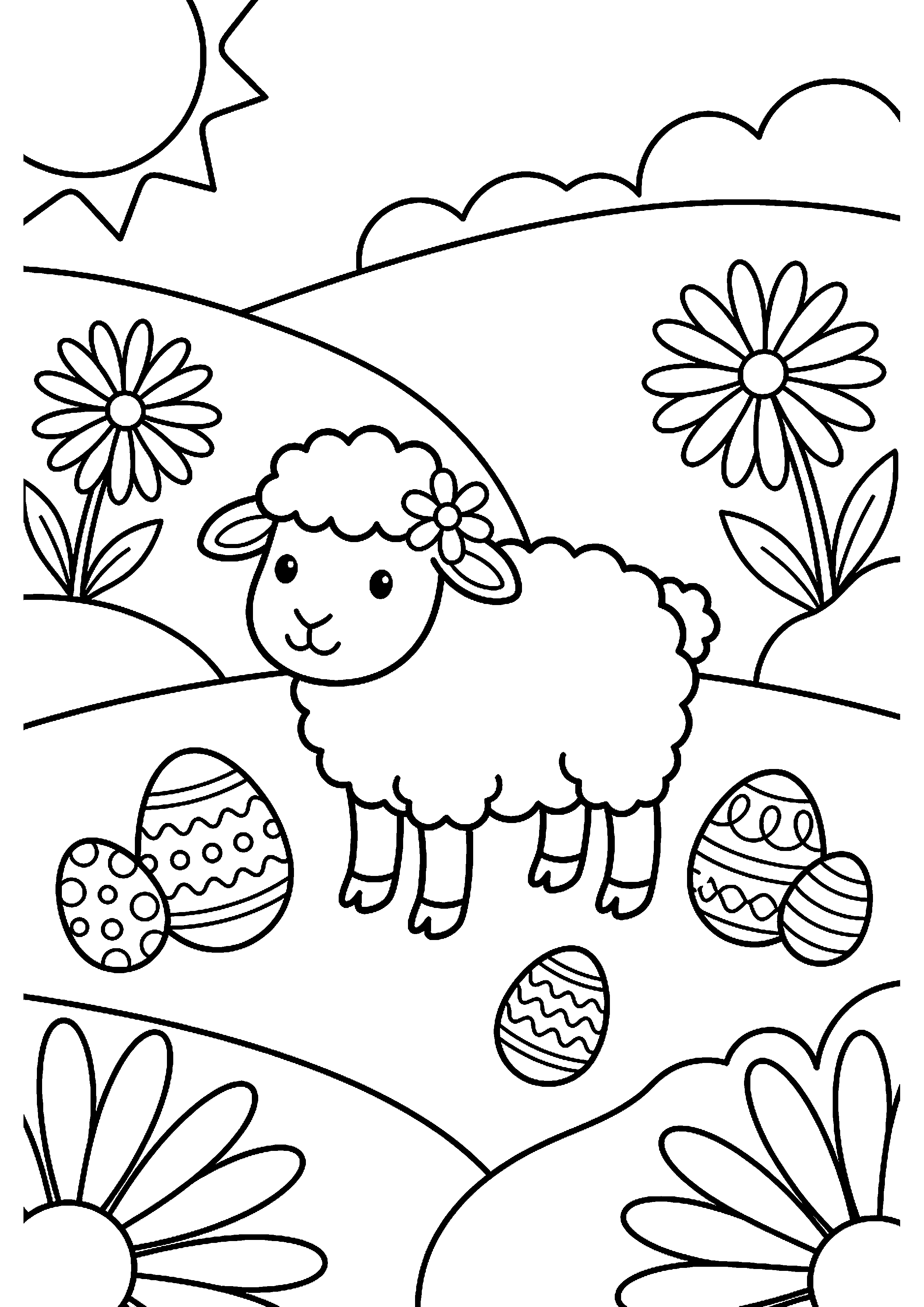 Lammetje met Paaseieren in het Weiland Kleurplaat — gratis kleurplaat