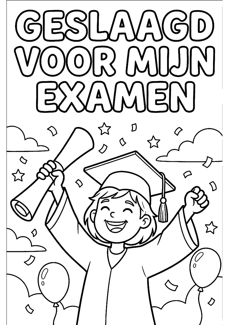 Leerling Juicht met Diploma in Hand met Tekst Geslaagd voor Mijn Examen Geslaagd Kleurplaat — gratis kleurplaat