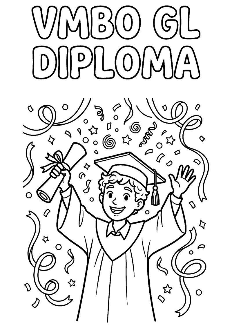 Leerling met Diploma Confetti en Slingers met Tekst Vmbo Gl Diploma Geslaagd Kleurplaat — gratis kleurplaat