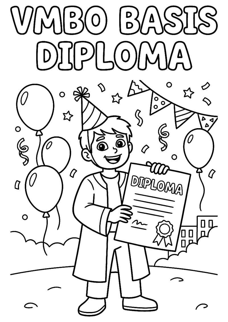 Leerling met Diploma en Feestmuts met Tekst Vmbo Basis Diploma Geslaagd Kleurplaat — gratis kleurplaat