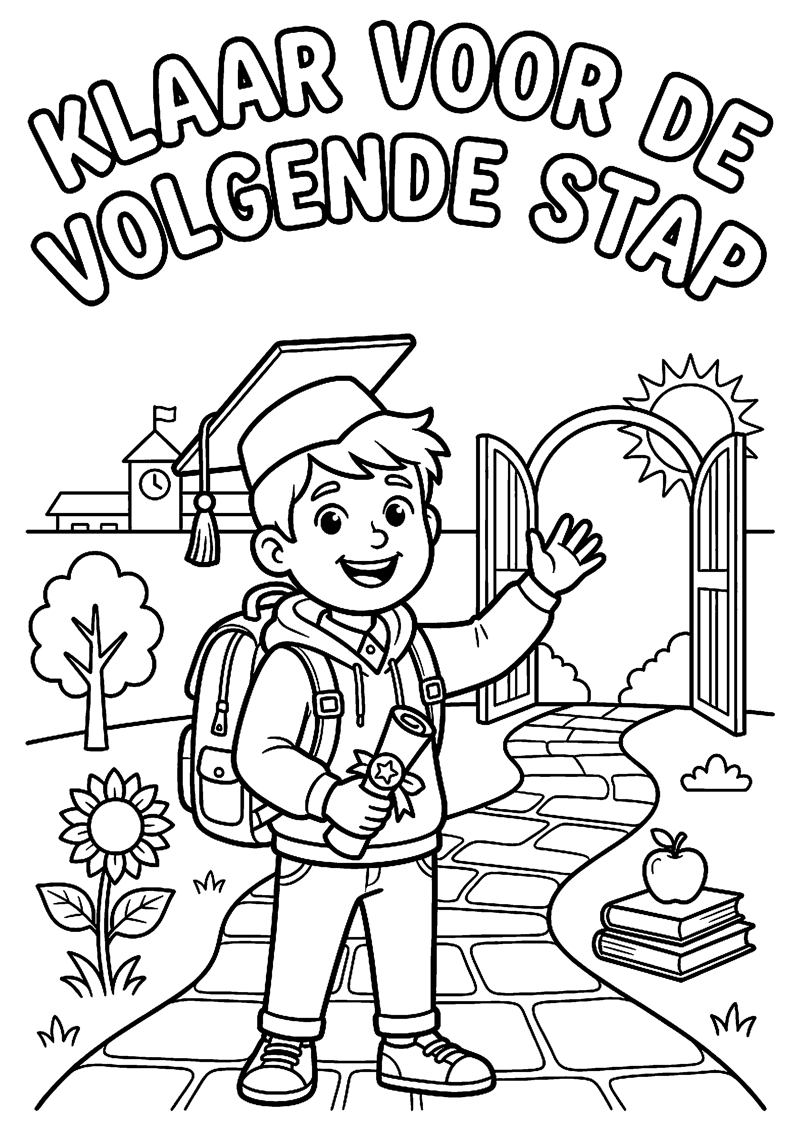 Leerling met Diploma en Rugzak Klaar voor Iets Nieuws met Tekst Klaar voor de Volgende Stap Geslaagd Kleurplaat — gratis kleurplaat