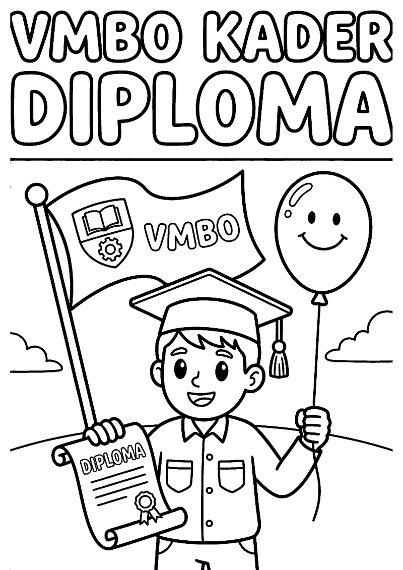 Leerling met Diploma Vlag en Ballon met Tekst Vmbo Kader Diploma Geslaagd Kleurplaat — gratis kleurplaat