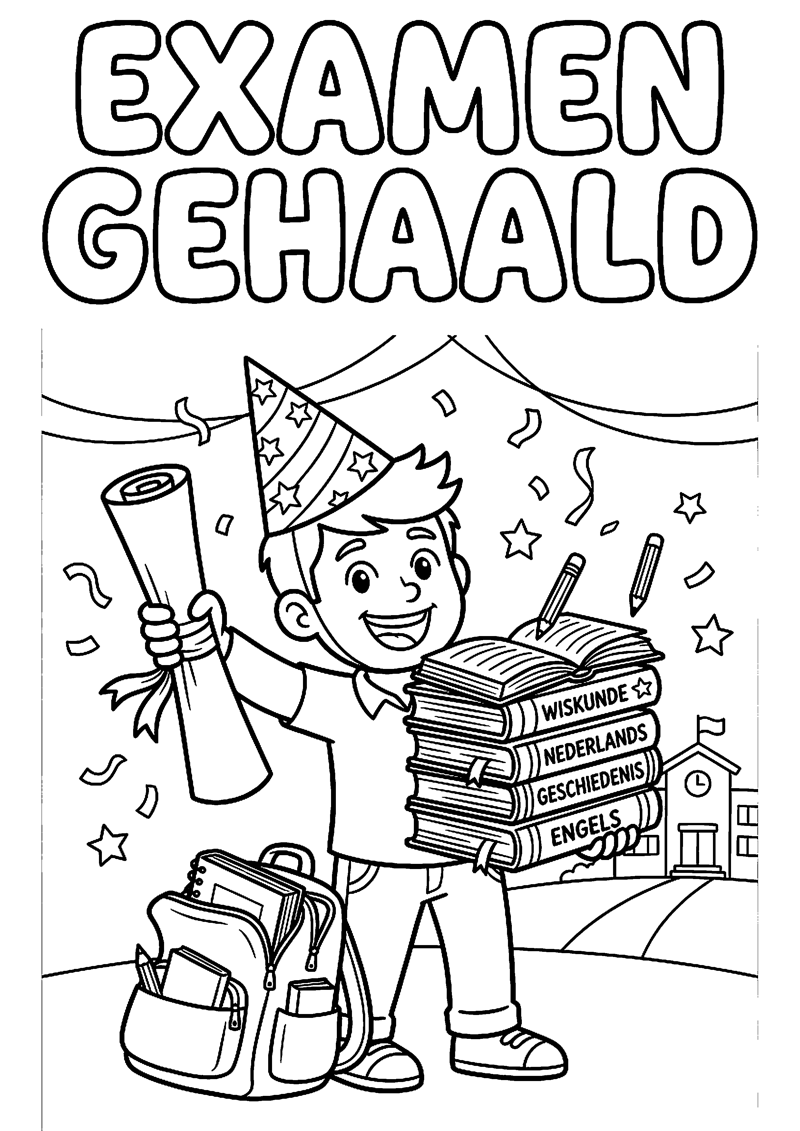 Leerling met Schoolboeken Diploma en Feesthoed met Tekst Examen Gehaald Geslaagd Kleurplaat — gratis kleurplaat