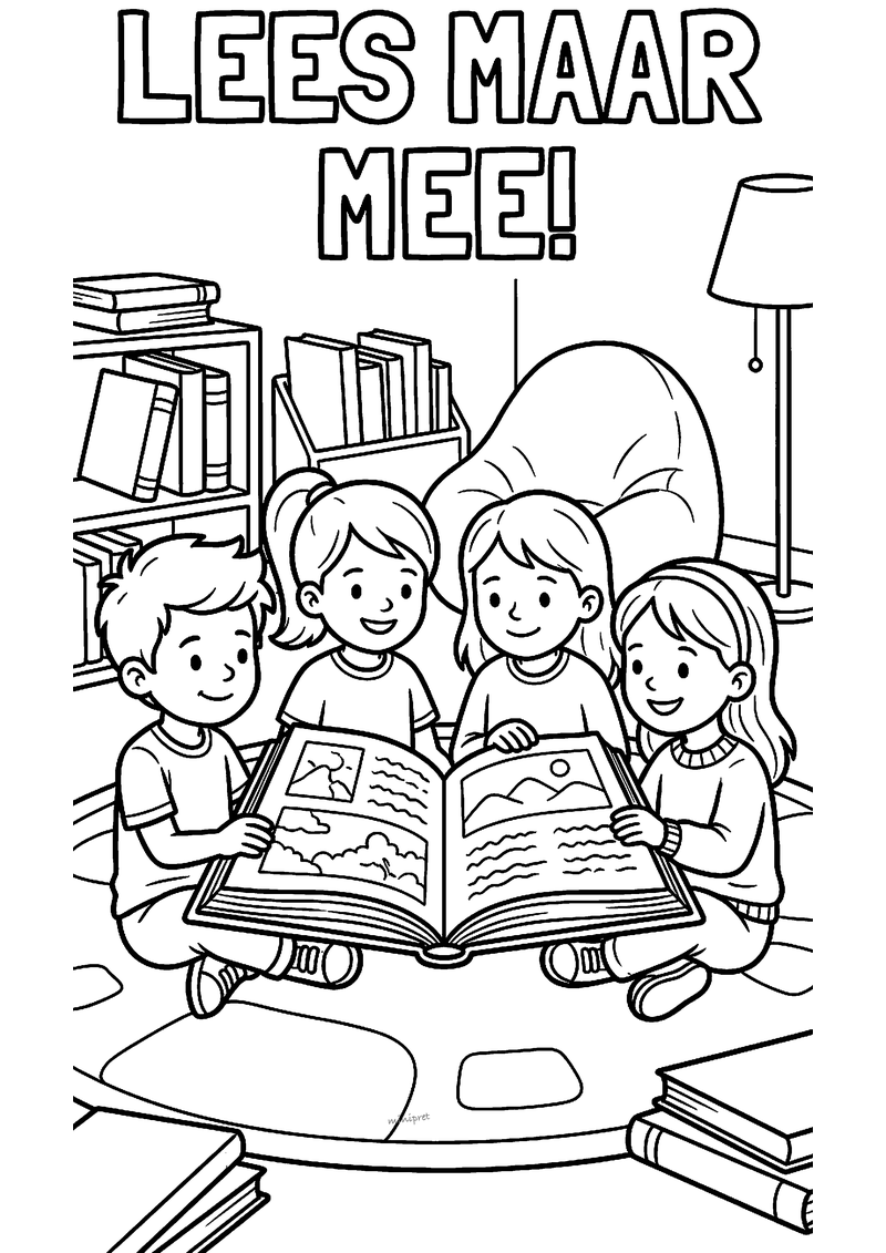 Kleurplaat van vier kinderen die samen in een groot prentenboek lezen in een leeshoek met zitzak