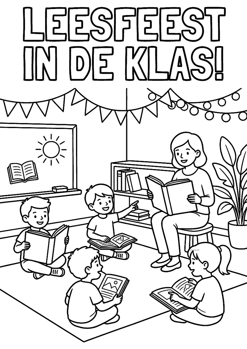 Kleurplaat van een juf die voorleest aan kinderen op het kleed, onder slingers en lampjes in de klas