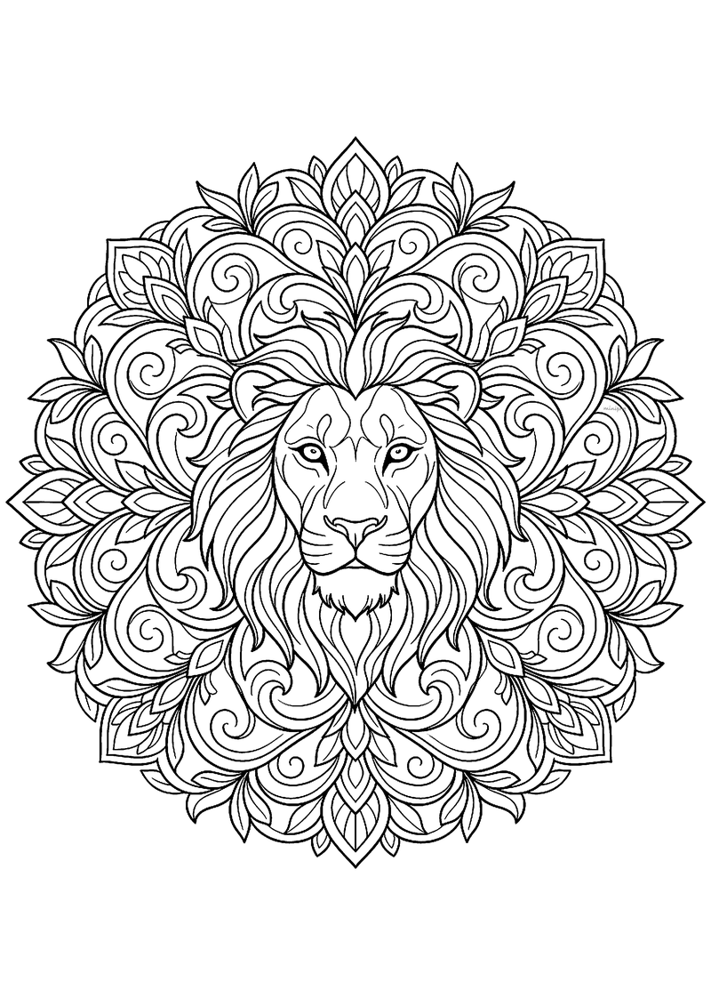 Leeuwenkop in symmetrische bloemen-mandala, fijne tattoo-flash lijntekening