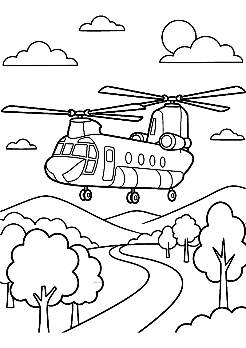 Legerhelikopter met twee rotors kleurplaat