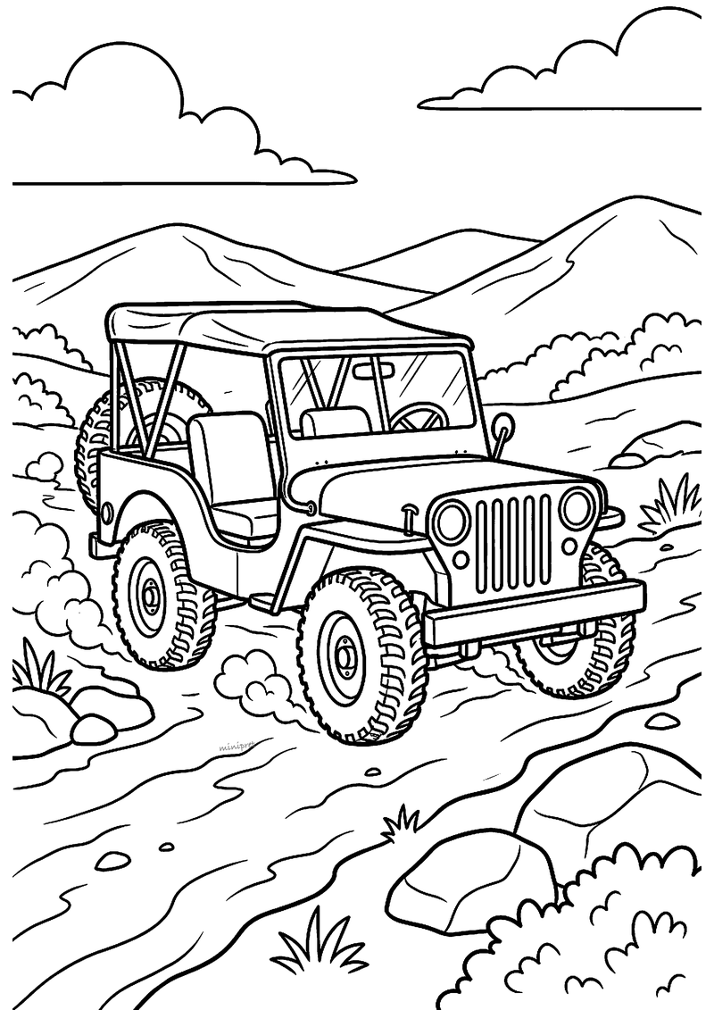 Kleurplaat van een open legerjeep met linnen dak en grote wielen op een rotsachtig pad tussen bergen en struiken